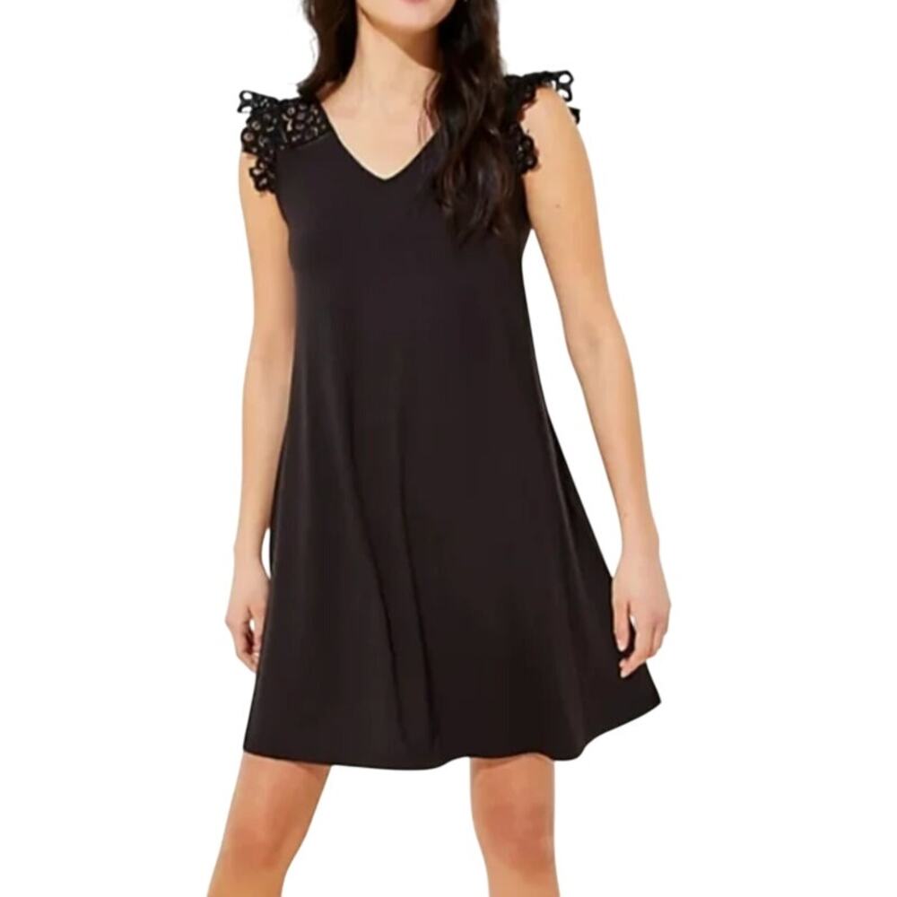 LOFT NEW Black Ruffle Lace Cap Sleeve V-neck Lightweight Casual Shift Mini Dress